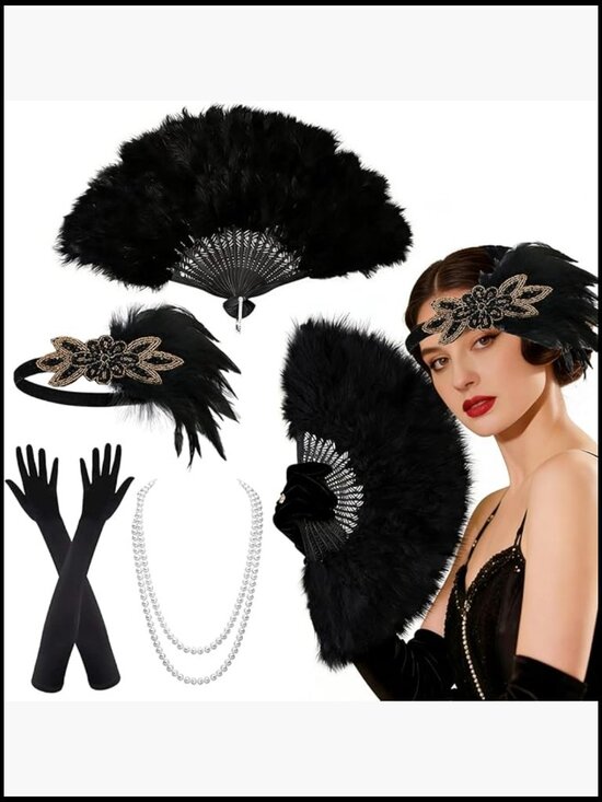 Flapper Accessories Set Headband Necklace Fan Gloves Great Gatsby Party main image 6